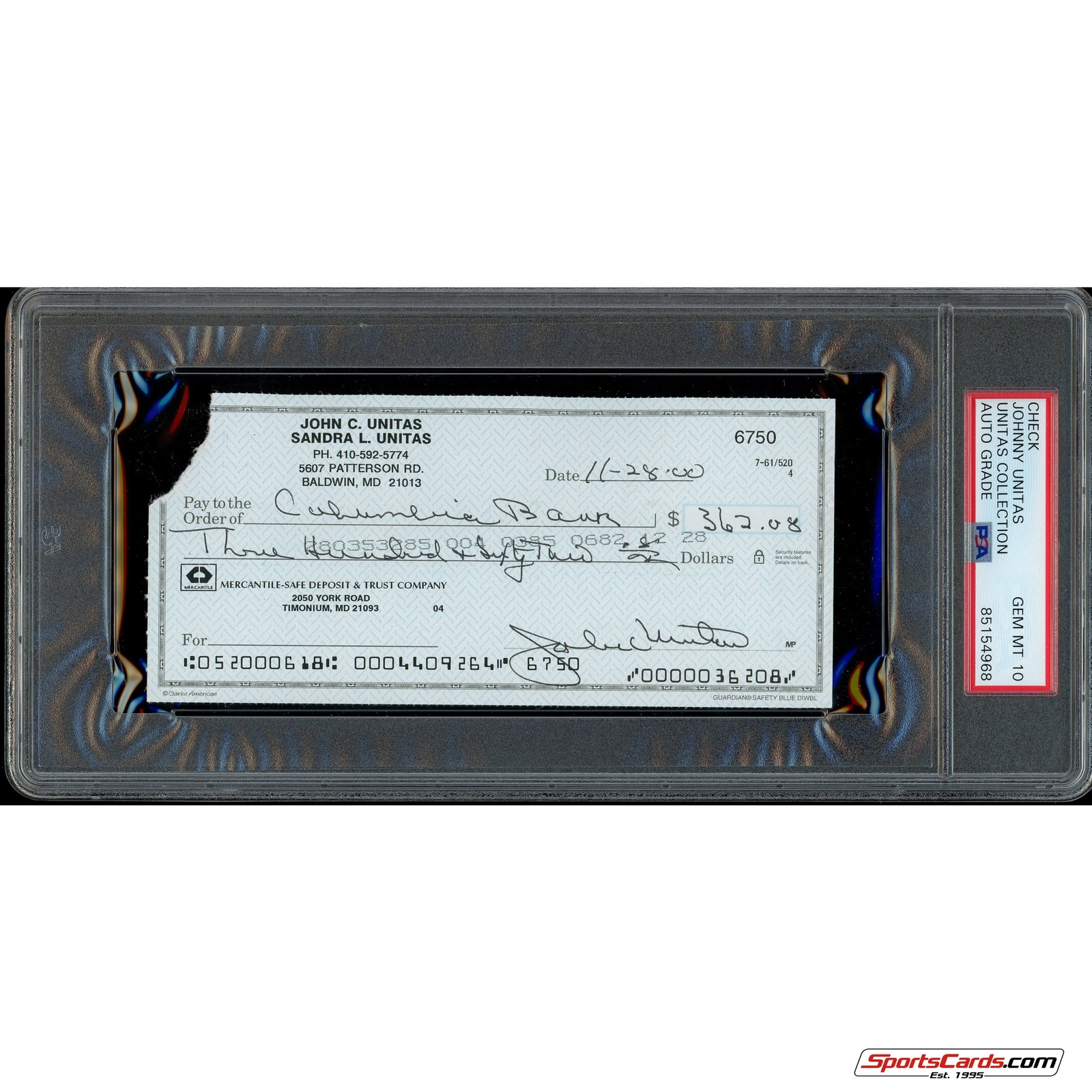 Johnny Unitas Signed Autographed Personal Check PSA DNA Gem Mint 10