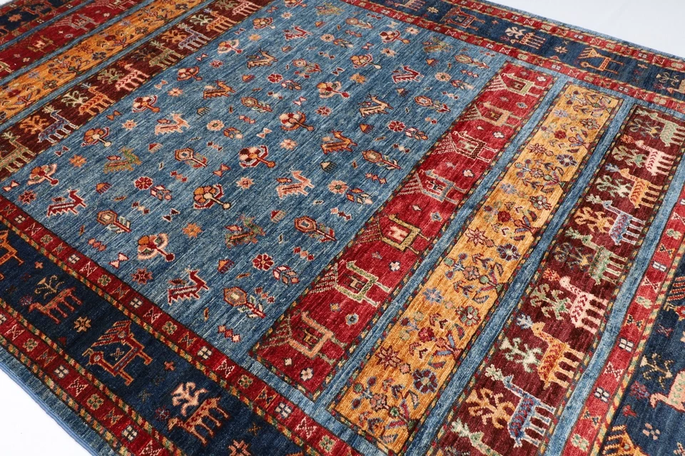 6x8 ft Animal Blue Area Rug Afghan Hand Knotted 100% wool bedroom living room - Image 2 of 4