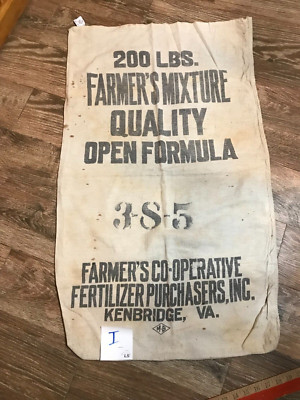 Vintage FARMER'S MIXTURE FORMULA FERTILIZER sack KENBRIDGE VA Heavy Cloth empty