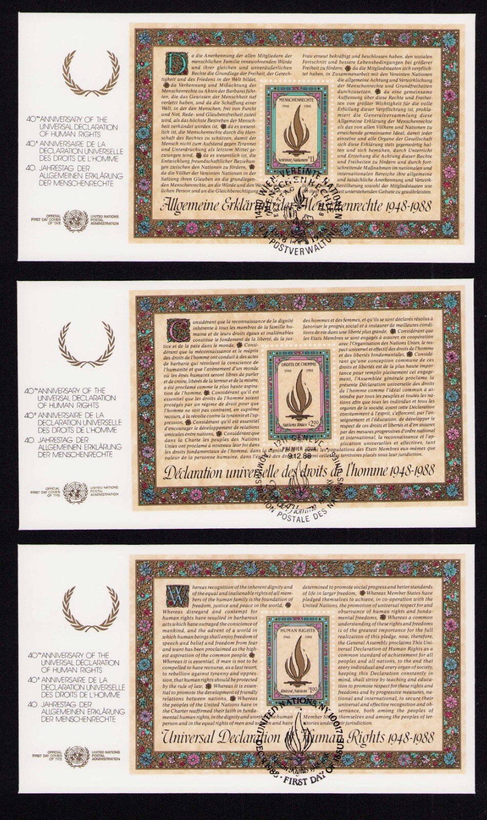 UN FDC 1988 United Nations Human Rights Issue 3 Souv Sheets 3 Cvrs ...