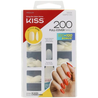 Kiss Nails Active Oval Full Cover 200 Nails Kit Medium Length with Glue