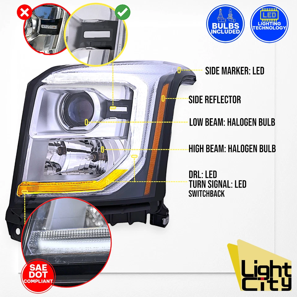[Halógeno] Faro proyector lateral del conductor LED DRL LH para GMC Yukon 2015-2017 Foto 2 de 4