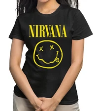 NIRVANA SMILY FACE WOMENS BLACK GRAPHIC TEE