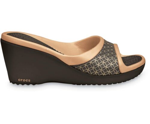 SANDALI DONNA TACCO ALTO ZEPPA CROCS SATELY DA DONNA nuovi con etichette taglia 10 e 11 oro o espresso - Foto 1 di 6