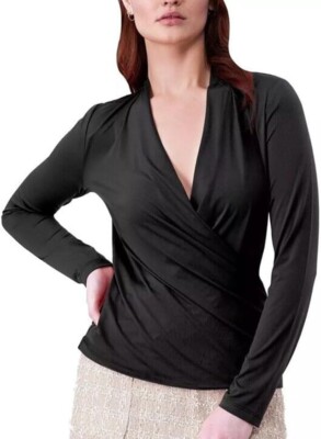 NWT Rachel Roy Women's V-Neck Surplice Wrap Blouse Top Black Size XL $65 3C624