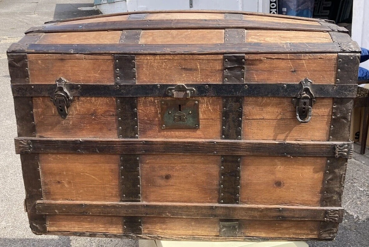 Large vintage wooden trunk 575mm x 880mm x 520mm eBay