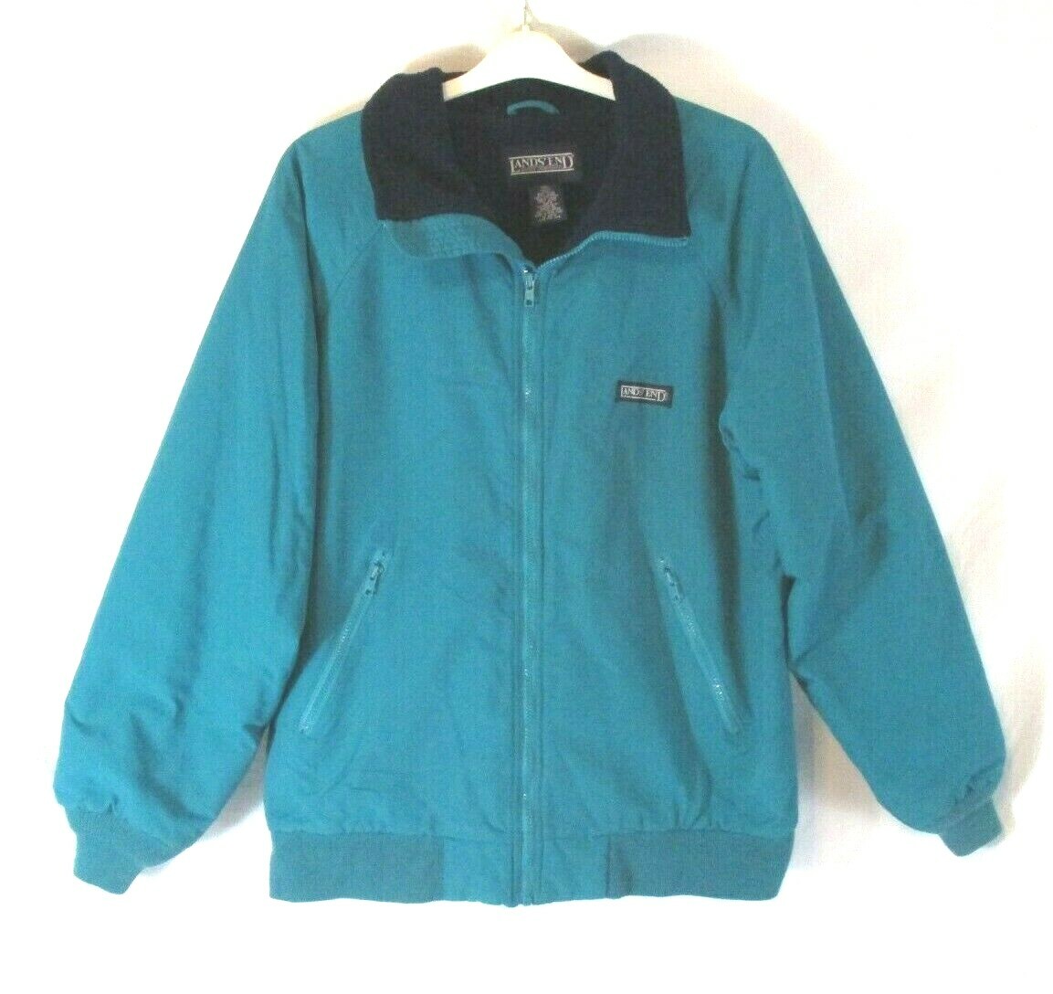 Lands' End Coat Jacket Blue Green Sz MT Fleece Lined Zip Long