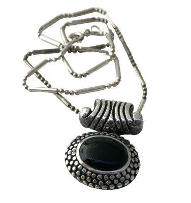 Schwarzer Onyx Oval Bali Anhänger Perlen an 16'' Zoll Kette Halskette Sterlingsilber
