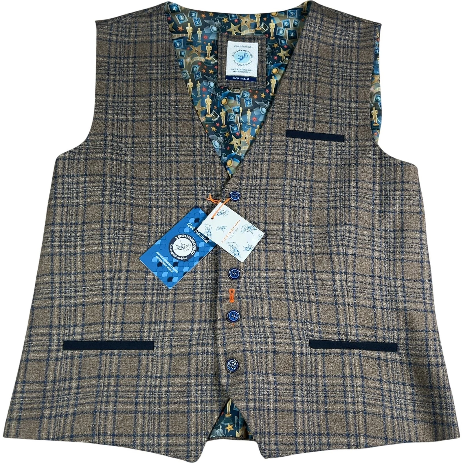 A Fish Named Fred Waistcoat UK 42 Tweed Check Plaid Wool Blend Vest NEW W/ Tags