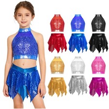 Kids Girls Crop Tops Ballet Skirts Dance Costume Sets Shiny Outfit Ballroom