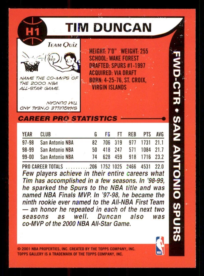 2000-01 Topps Gallery Heritage #H1 Tim Duncan - Image 2 of 2