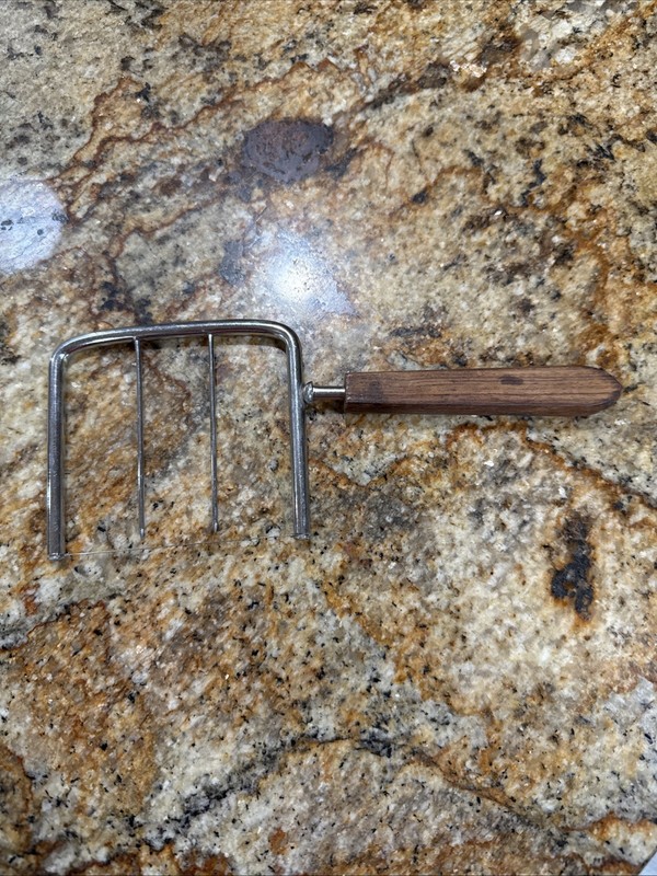 Vintage Stainless Cheese Slicer Cutter Wire Prong Wood Handle Japan - 8 3/8"