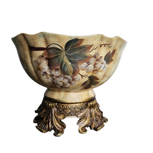 Tuscan Style Pedestal Fruit Bowl Grape Motif Ornate 10" Footed Centerpiece 6lb