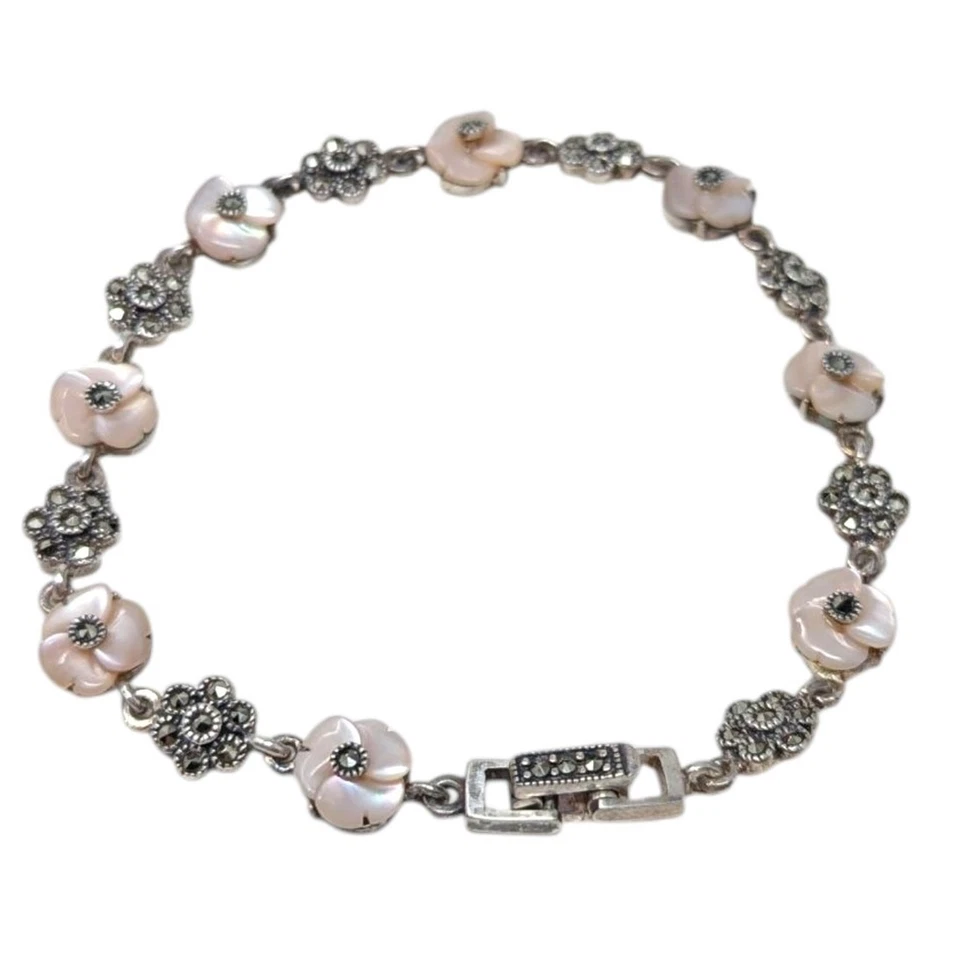 Sterling Silver & Mother of Pearl Marcasite Floral Bracelet – 8", 14.57g - Image 2 of 4