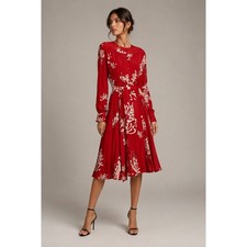 McQ Alexander McQueen Red Floral Pleated Midi Dress IT 36 US XS Belted Viscose