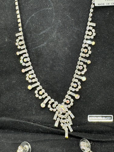 Rhinestone Necklace 16" choker  pierced drop earrings Silver Tone Sparkles case - 第 2/10 張圖片