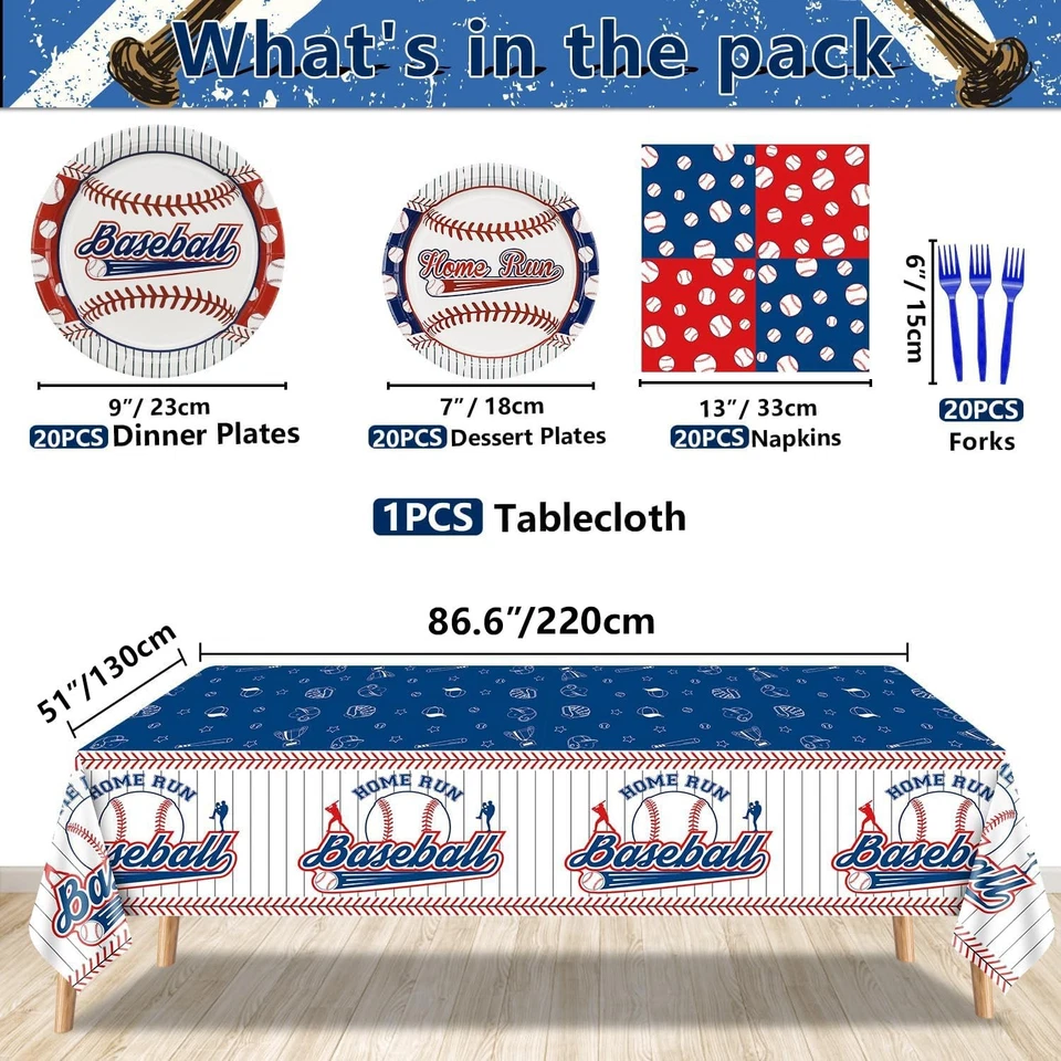 Baseball Party Decorations - 81Pcs Baseball Plates and Napkins Sets Tableclot... - Image 2 of 4