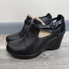 Dansko Franka Shoes Black Leather Clog Wedge Platforms Buckle Womens EUR 39 US 9