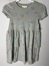 Tucker + Tate Girls Dress Size 6 Cotton Jersey Tiered Ruffle Grey Rainbow Emoji