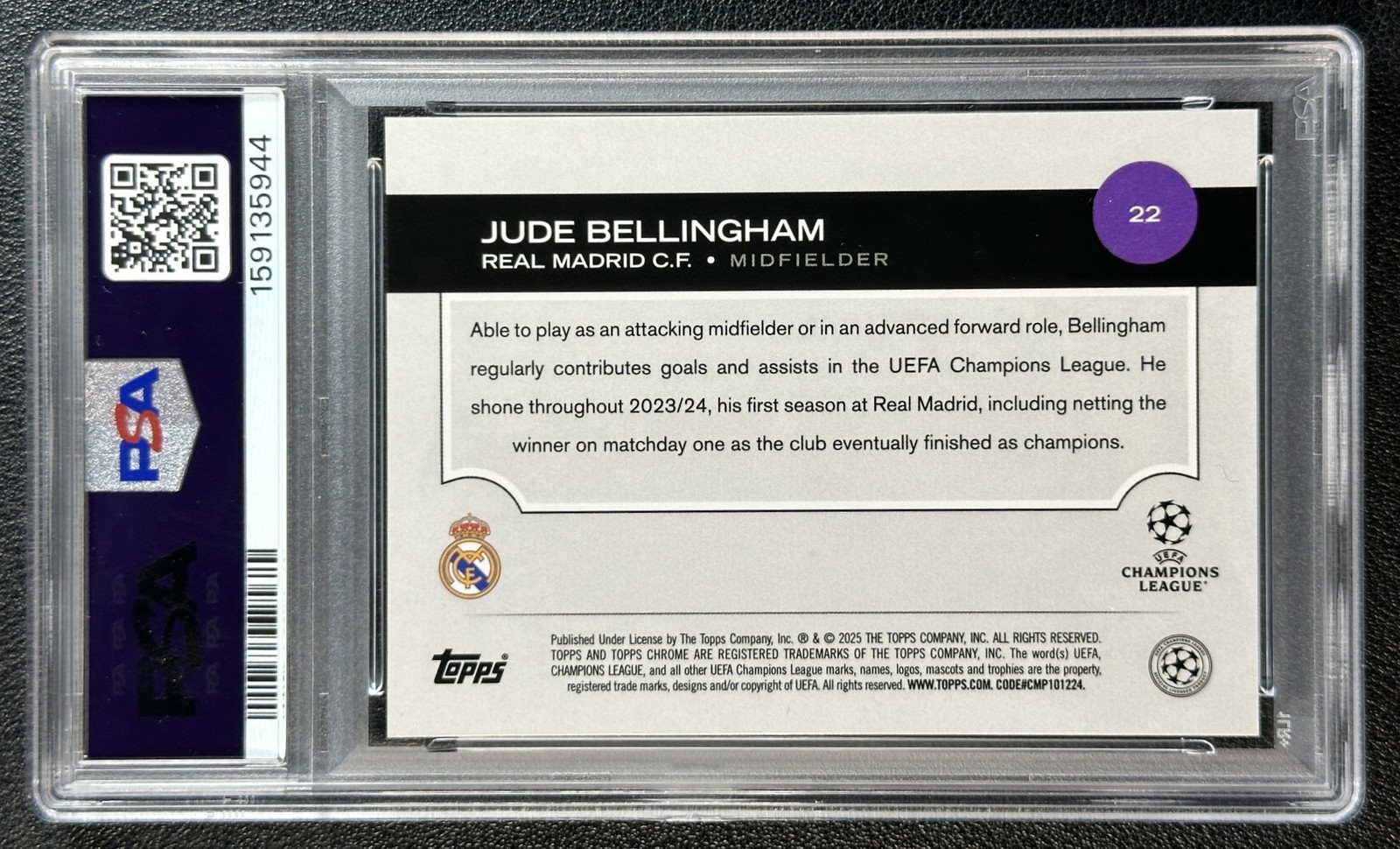 JUDE BELLINGHAM PSA 10 2024-25 TOPPS CHROME SAPPHIRE UCC #22 RED REFRACTOR 2/5 view 2