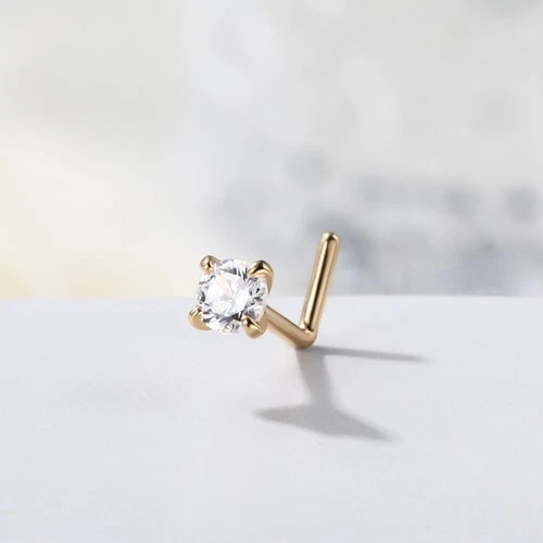 14K Solid Yellow Gold CZ Nose Stud Dangle L-Shape 20G Nostril Piercing Jewelry