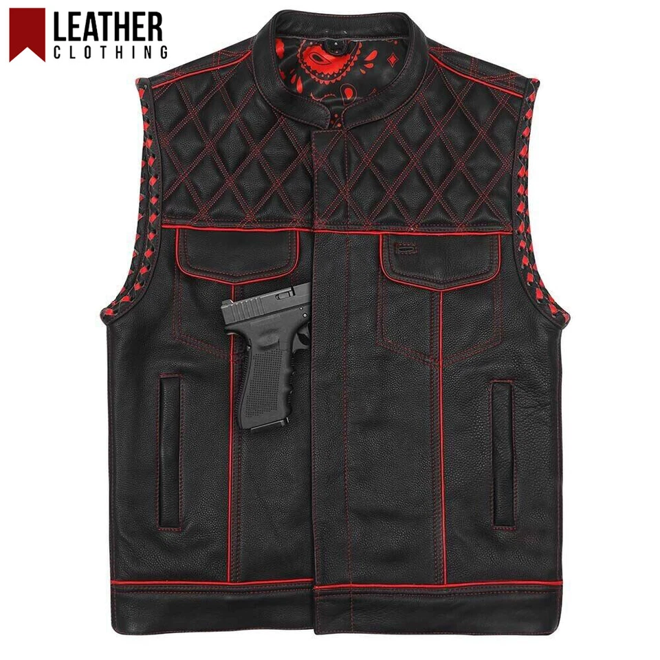Men's Black Leather Vest Diamond Motorbike Motorcycle Concealed Red Waistcoat - Image 3 of 4