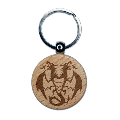 Two Headed Dragon Drake Wyvern Engraved Wood Round Keychain Tag Charm