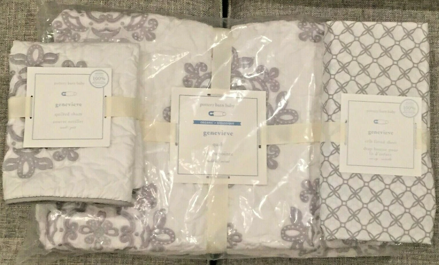 NEW Pottery Barn Kids Genevieve Crib Toddler Quilt, Sheet, Sham, Gray Medallion