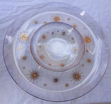 2 Pc Glama Glass CHIP DIP Bowl and Platter VEGGIE  TRAY MCM Starburst Atomic Set