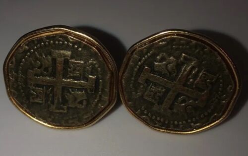 Carolyne Roehm Vtg Cufflinks Gold Tone Coin Doubl… - image 1