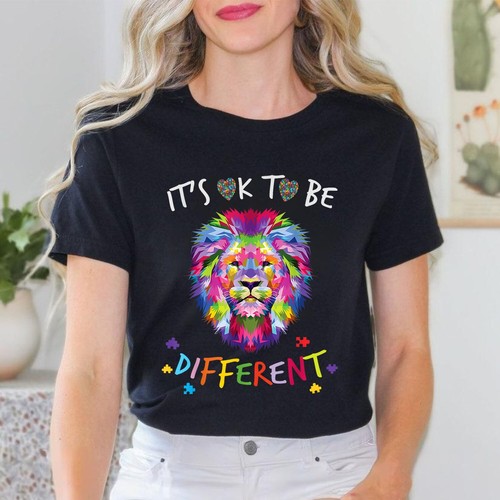 It's OK to be different Colorful Lion Autism Awareness month T-Shirt 100% Cotton