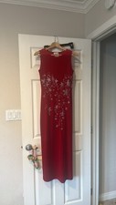 Red Sleeveless Evening Dress w Silver Embroidered Floral Front Vintage Ball gown