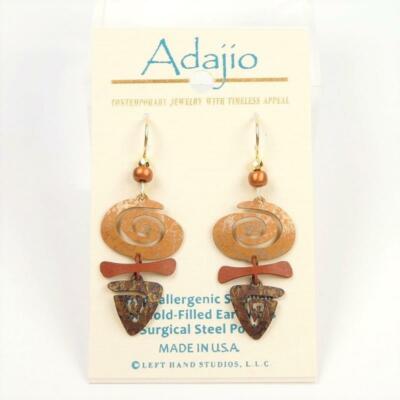 Adajio Earrings Hand Painted Three Abstract Spiral Shapes Copper Brown Unique