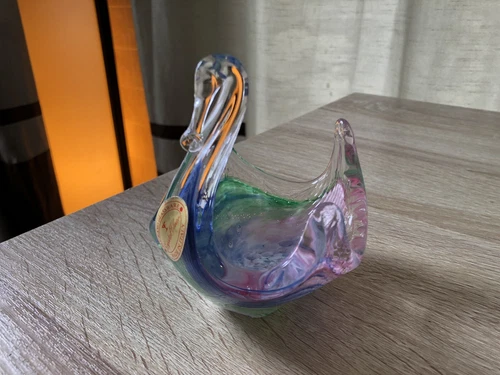 Murano Vintage Art Glass Swan Crystal Clear Multicolor Swirl Figurine-Italy
