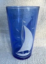 Hazel Atlas Flat Blue Iced Tea Glass Tumbler Sailboat Boat Seagulls Ships 3115