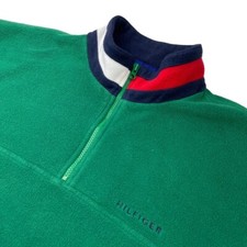 VTG Tommy Hilfiger Men's 1/4 Zip Fleece Sweatshirt Green Tommy Flag Collar   XL