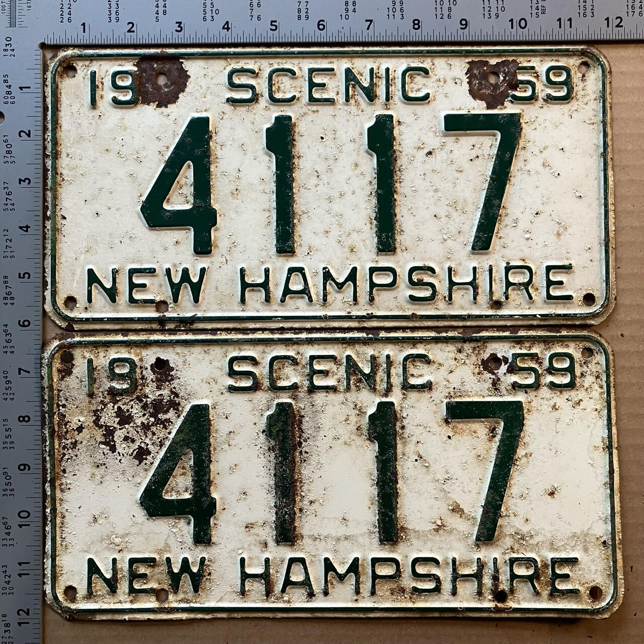 1959 New Hampshire license plate pair 4117 YOM DMV clear Ford Chevy