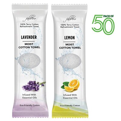 FabbPro Moist Terry Cotton Towels Lemon & Lavender Scent 25ea 50 Pack 8x8 Inches