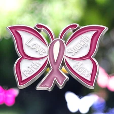 Pink Hope Ribbon 1" Pin Butterfly Faith Hope Strength Breast Cancer Awareness