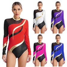 Womens Dancewear Gymnastics Leotard Cutout Bodysuit Skating Dress Rhinestone