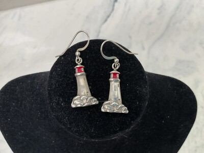 Marked 925 Sterling Silver Lighthouse With Red For Light Earrings