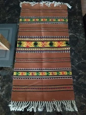 Small Fringe Trim Brown Multi Woven Rug Throw Reversible Wall Decor 30" L x 15”