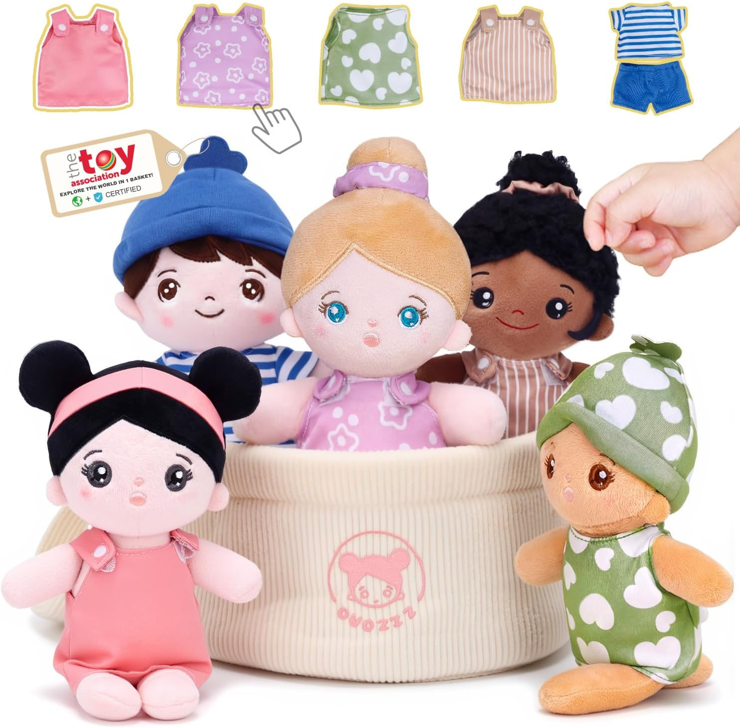 &ndash; Set Of 5 Multicultural 8.8&Prime; Plush Dolls In Basket | Diversity