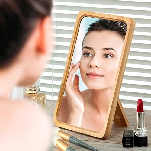 Espejo de Mesa de Escritorio de Bambú Natural, Espejo de Maquillaje Plegable con 9.1"L x 6.5"W Foto 4 de 4
