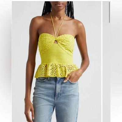 NWT Alice +Olivia Livia Peplum Eyelet Embroidered Halter Top Yellow SZ 6 $2775