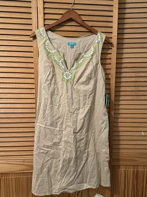NWT Calypso St. Barth Womens Beige Taupe Studded Neckline Tassel Woven Dress; M