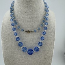 Vintage Blue Czech Glass Long Deco Necklace 30" Graduated Faceted Beads on Chain