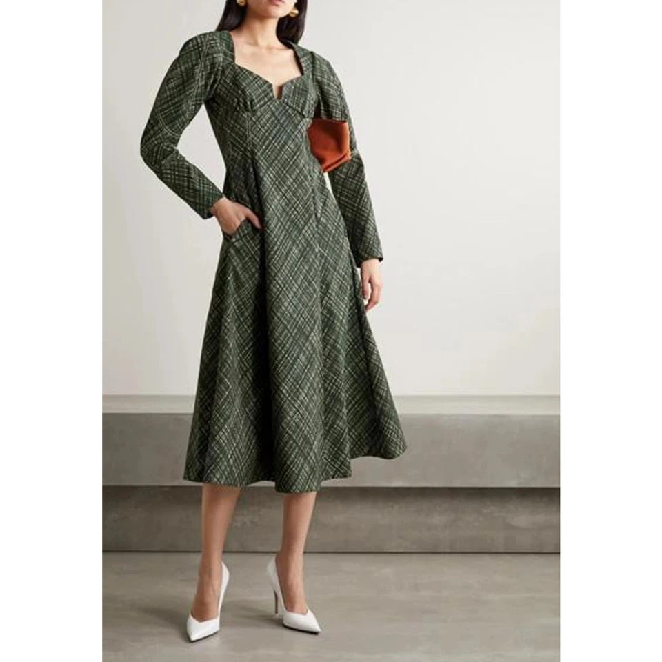 Vestido midi de algodón a cuadros Rosie Assoulin verde oscuro a cuadros línea A ajuste acampanado 8 Foto 3 de 4