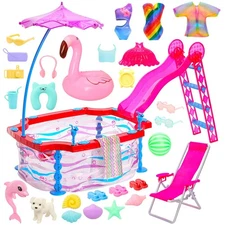Doll Pool Playset Clothes and Accessories Includes Pool Party Set with Slide ...
