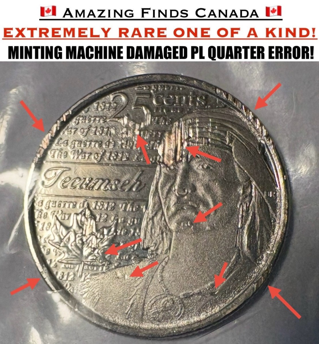 Tom　　REGAL worth coiiection ERROR 2012 Canada WAR OF 1812 PL 25 Cent Quarter Set - MACHINE